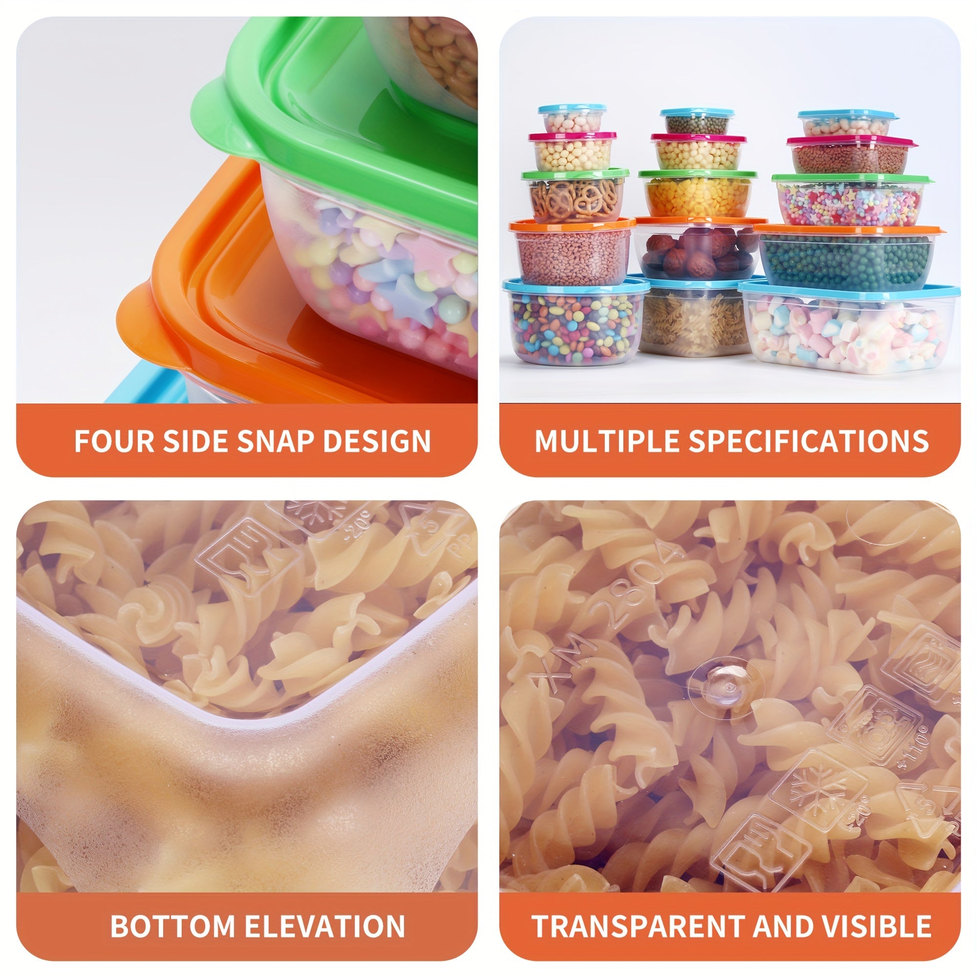 To‘g‘ri va kvadrat plastik saqlash idishlarining to‘plami, havo o'tkazmaydigan muhrlari bilan, oziq-ovqatni muzlatgichda tartibga solish uchun mukammal.