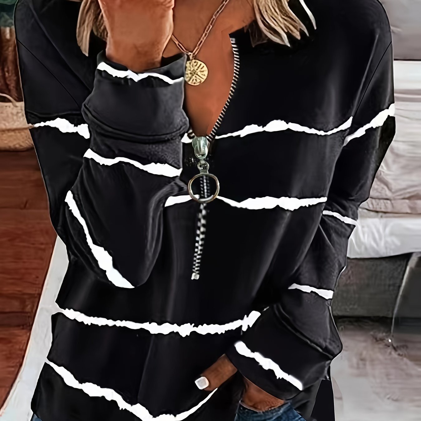 Sudadera de manga larga con bloques de color a rayas para mujer talla grande