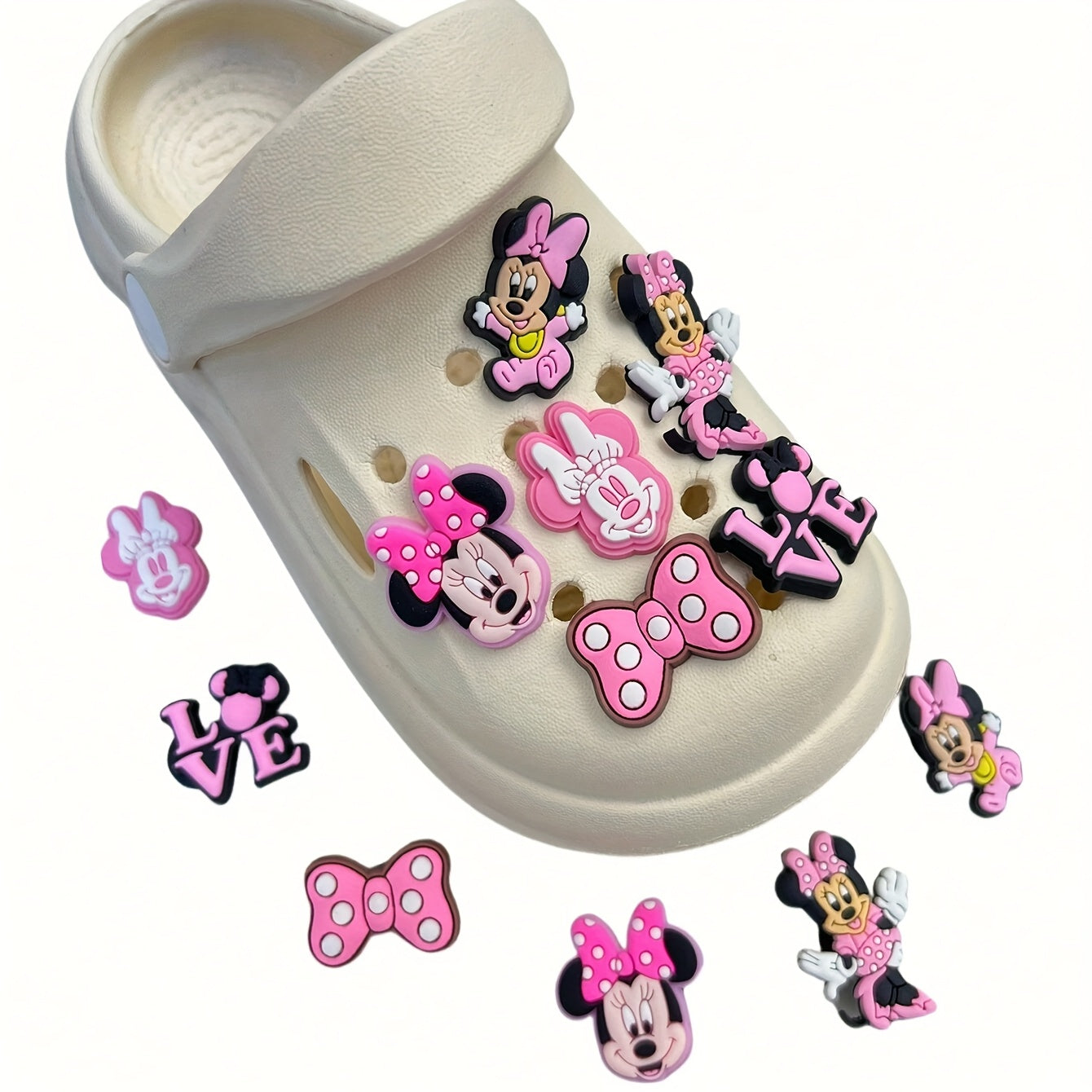12PCS pushti Minnie Mouse poyafzal charm'lari - yoqimli multfilm plastik aksessuarlar
