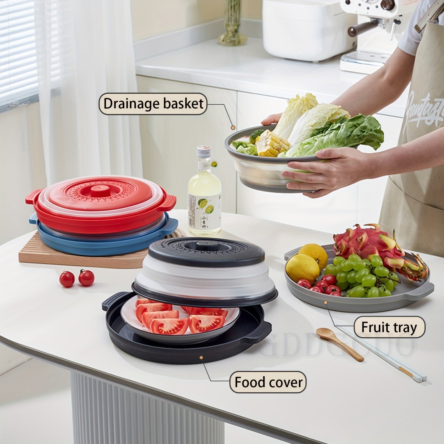 Microwave Splatter Cover Set with Tray 26.92 cm BPA-Free Splash Guard Plate in Blue Gray Red Green