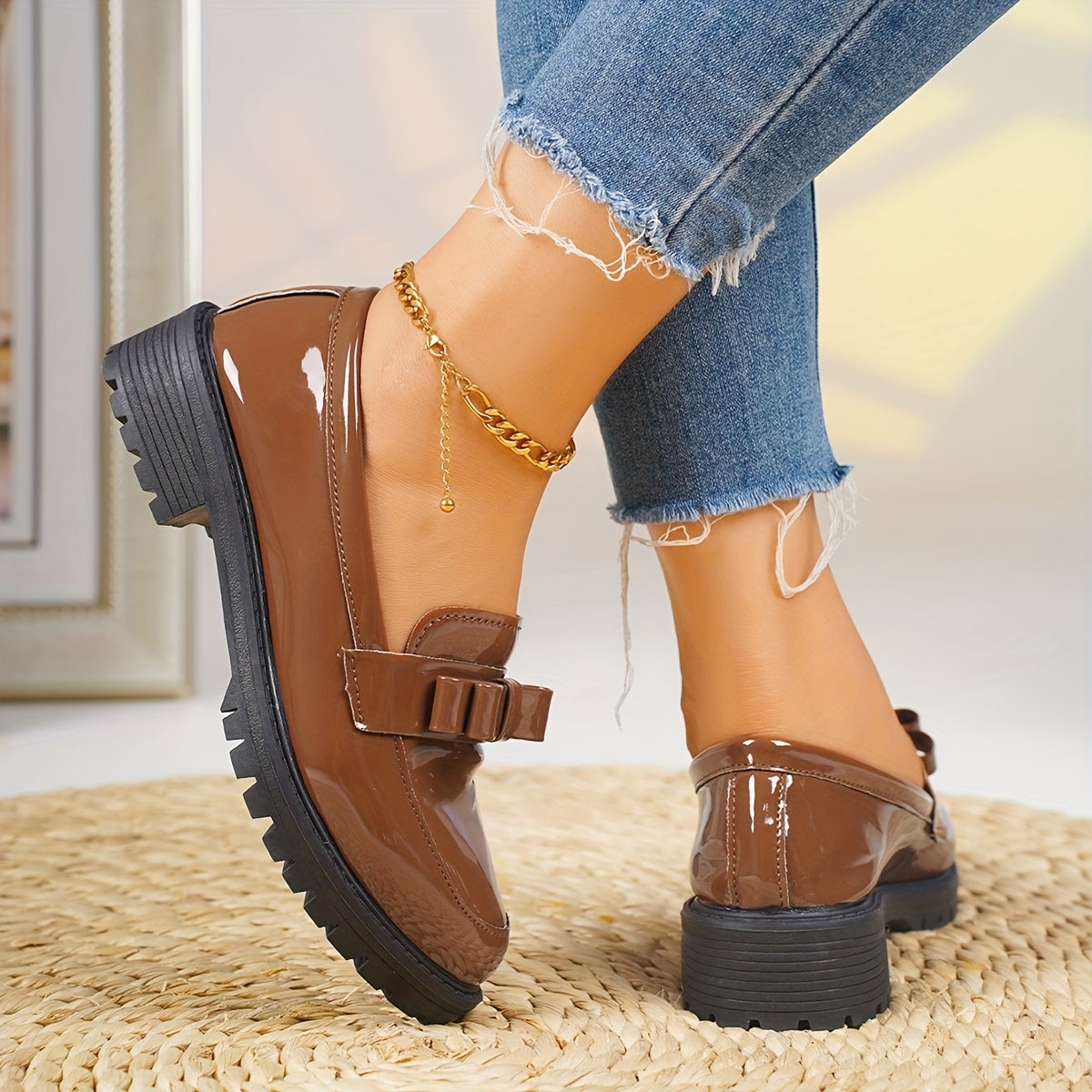 Women's Brown Glossy Bow Slip-On Loafers with Rubber Sole for All-Season Comfort