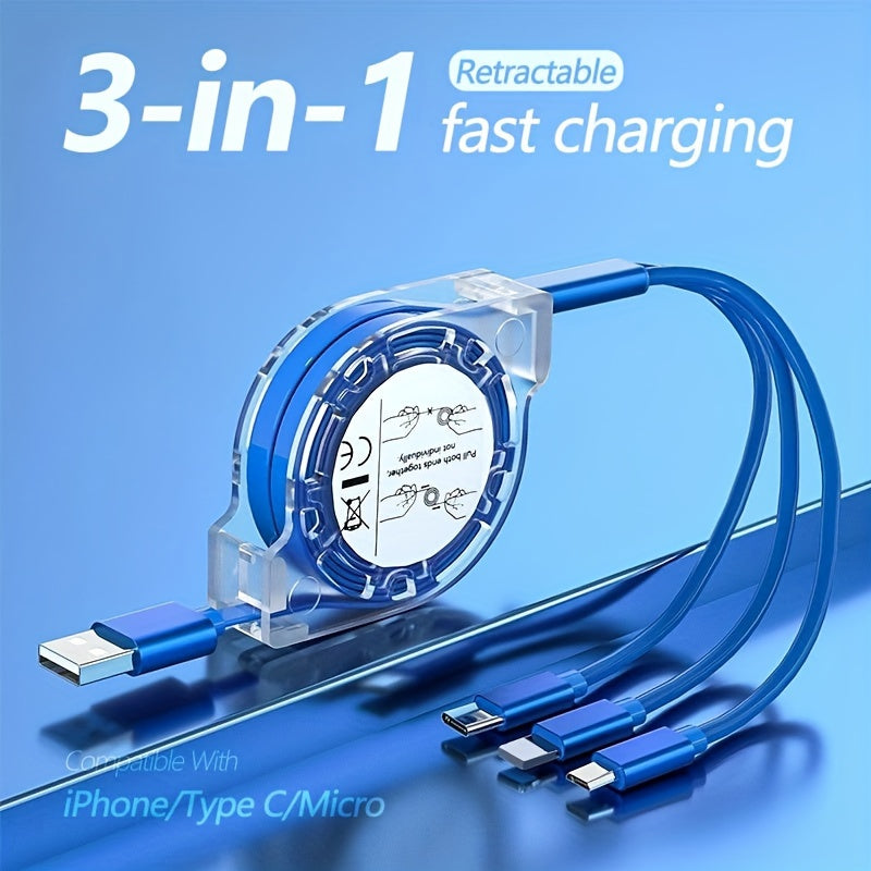Multi Charger Cable 3-in-1 Retractable USB Charging Cord for Cell Phones Tablets and More