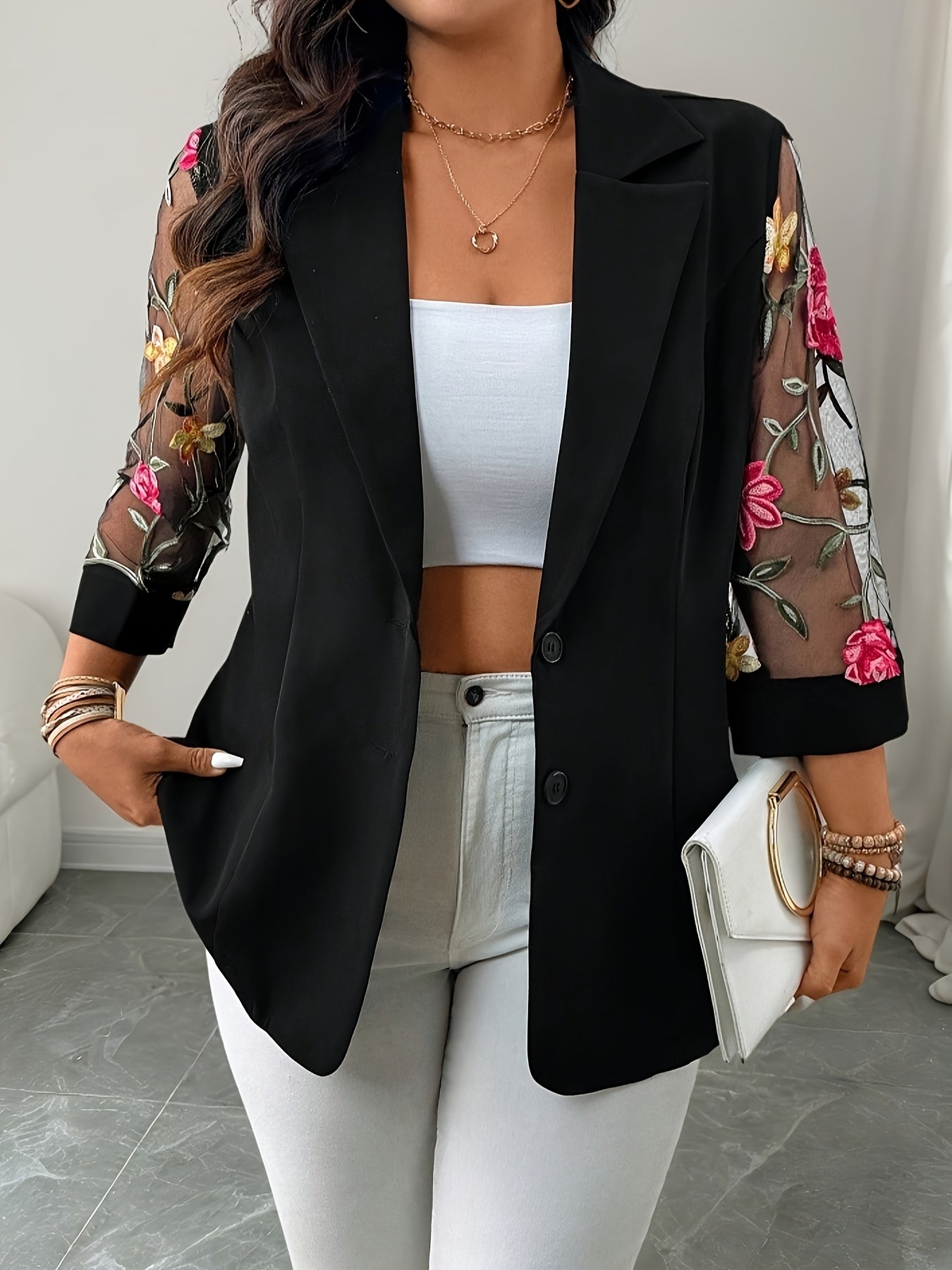 Plus Size Women's Embroidered Long Sleeve Suit for Daily Wear and Work