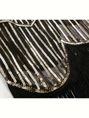 Women's Beaded V-Neck Sleeveless Wedding Dress Black Geometric Embroidery