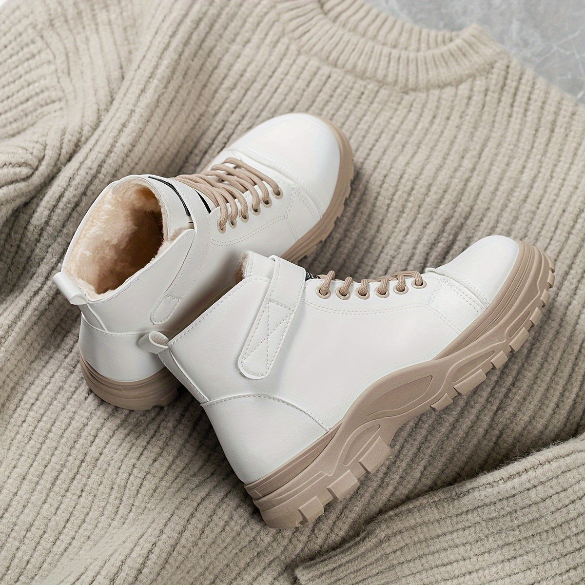 Women's Plush-Lined Winter Ankle Boots with Rubber Sole and Adjustable Straps