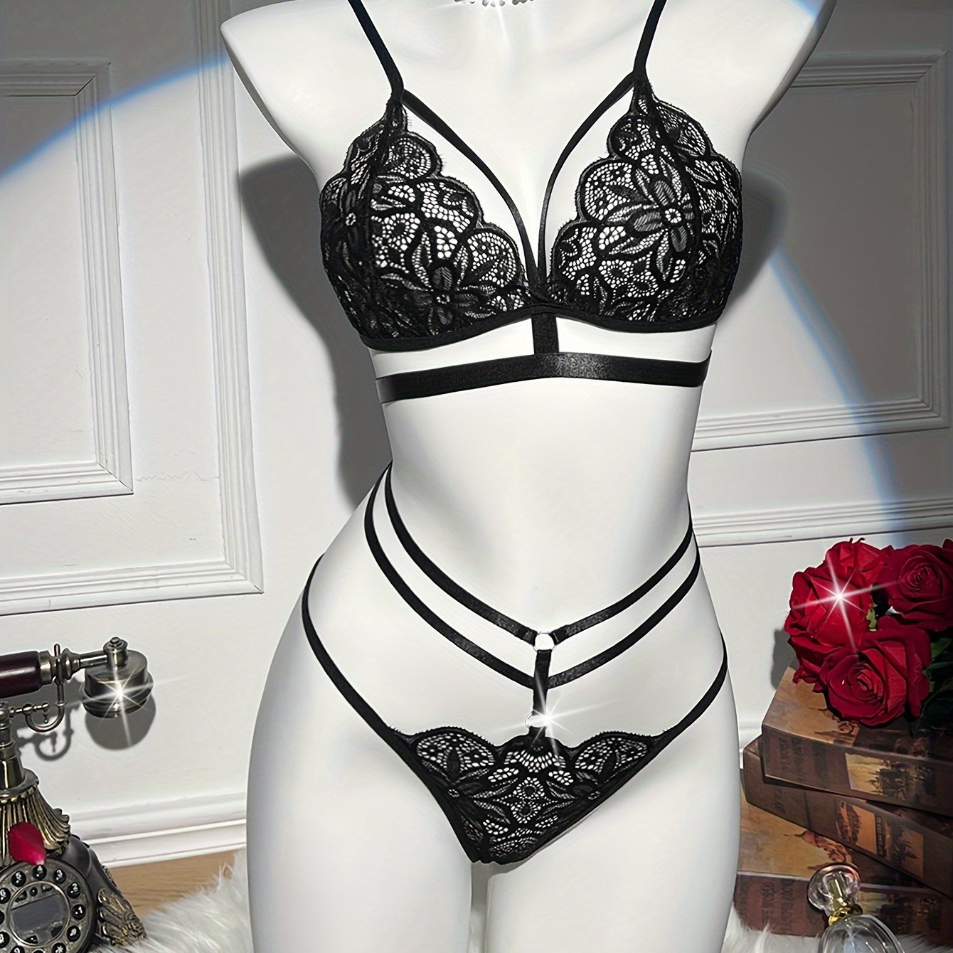 Women's Floral Lace Lingerie Set with Cut-Out Push-Up Bra and Strappy Thong