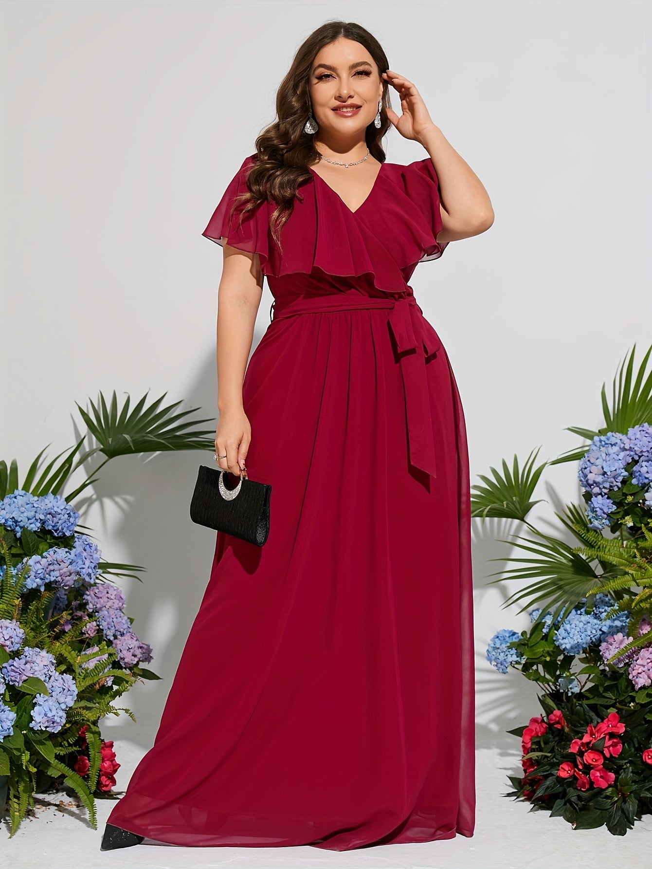 Plus Size V-Neck Chiffon Gown with Ruffled Sleeves and High Waist Purple