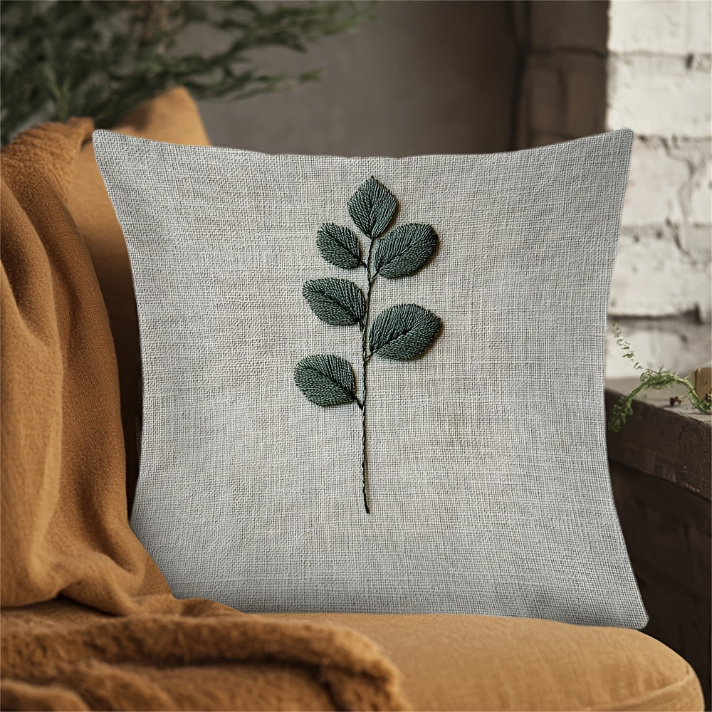 Embroidered Leaf Pattern Cushion Cover Soft Short Plush Polyester Square Zippered Decor