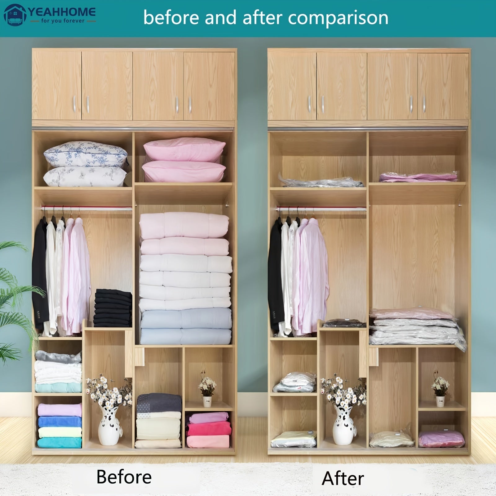 6 ta bo'sh joyni tejovchi vakuum saqlash sumkasi qo'l nasos bilan - kiyimlarni, yostiqlarni, qoplamalarni, ko'rpa-to'shaklarni va to'shaklarni tartibga soling va siqib qo'ying - sayohat va saqlash uchun mukammal, ixcham joyni tejovchi sumkalar