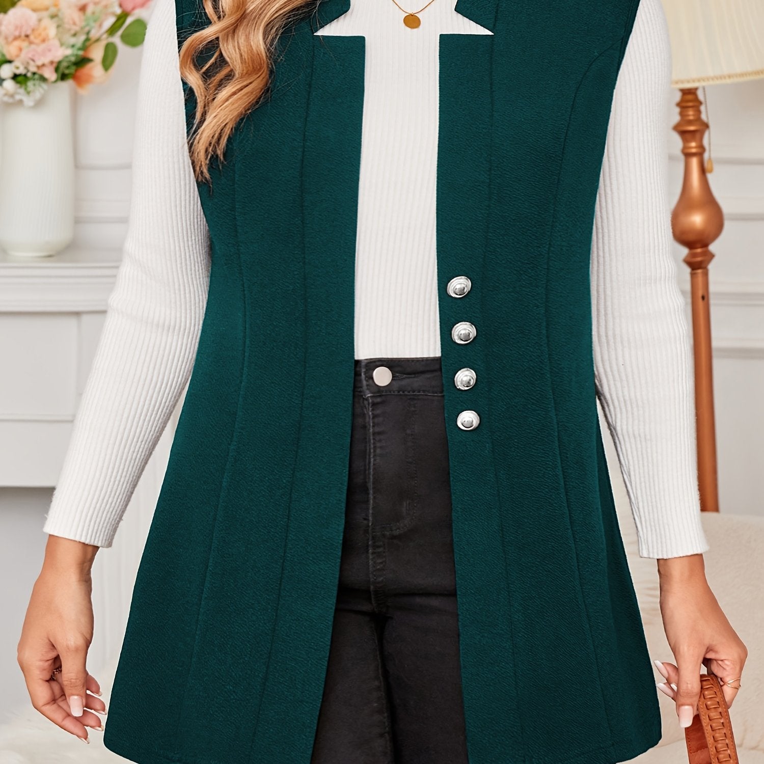 Plus Size V-Neck Lapel Sleeveless Blazer Solid Color Knit Blazer for Women