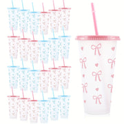 Reusable Plastic Water Cups with Lids and Straws Heart and Bow Print Leak-Proof and Reusable