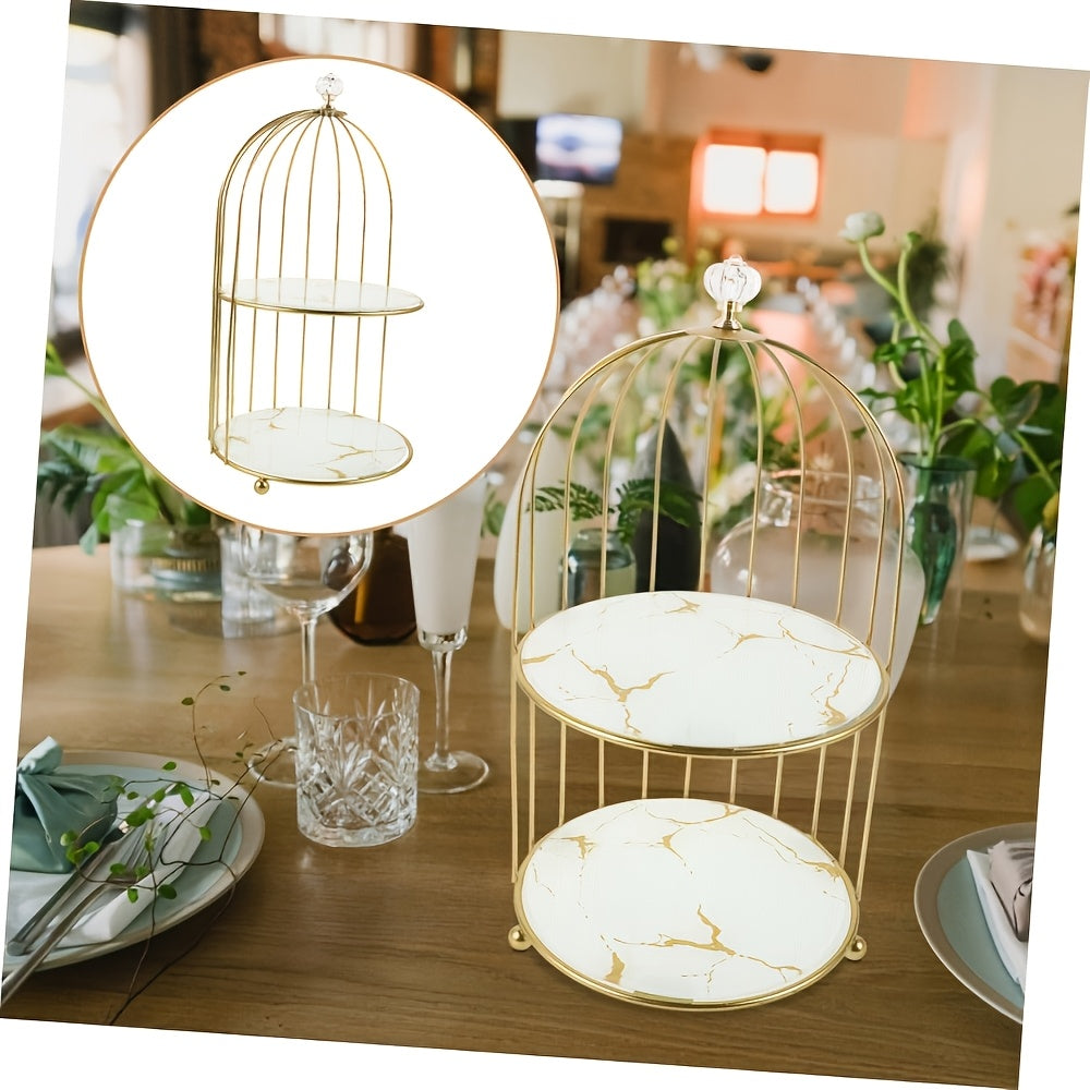 Soporte para pastel de jaula de pájaros de 2 niveles con estantes de mármol, exhibición de postres para bodas y fiestas