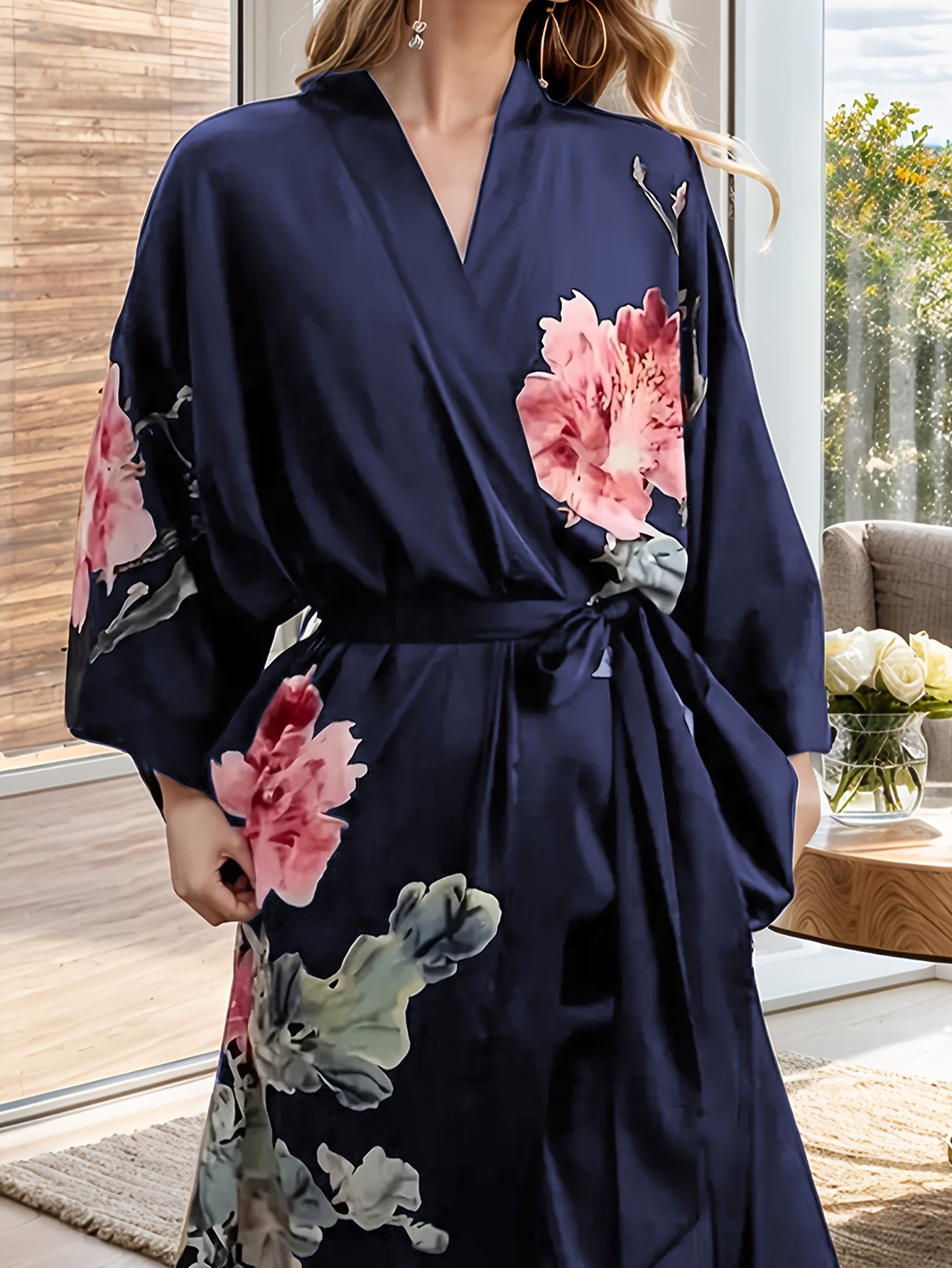 Plus Size Floral Satin Robe for Women Long Sleeve V-Neck Lounge Wear