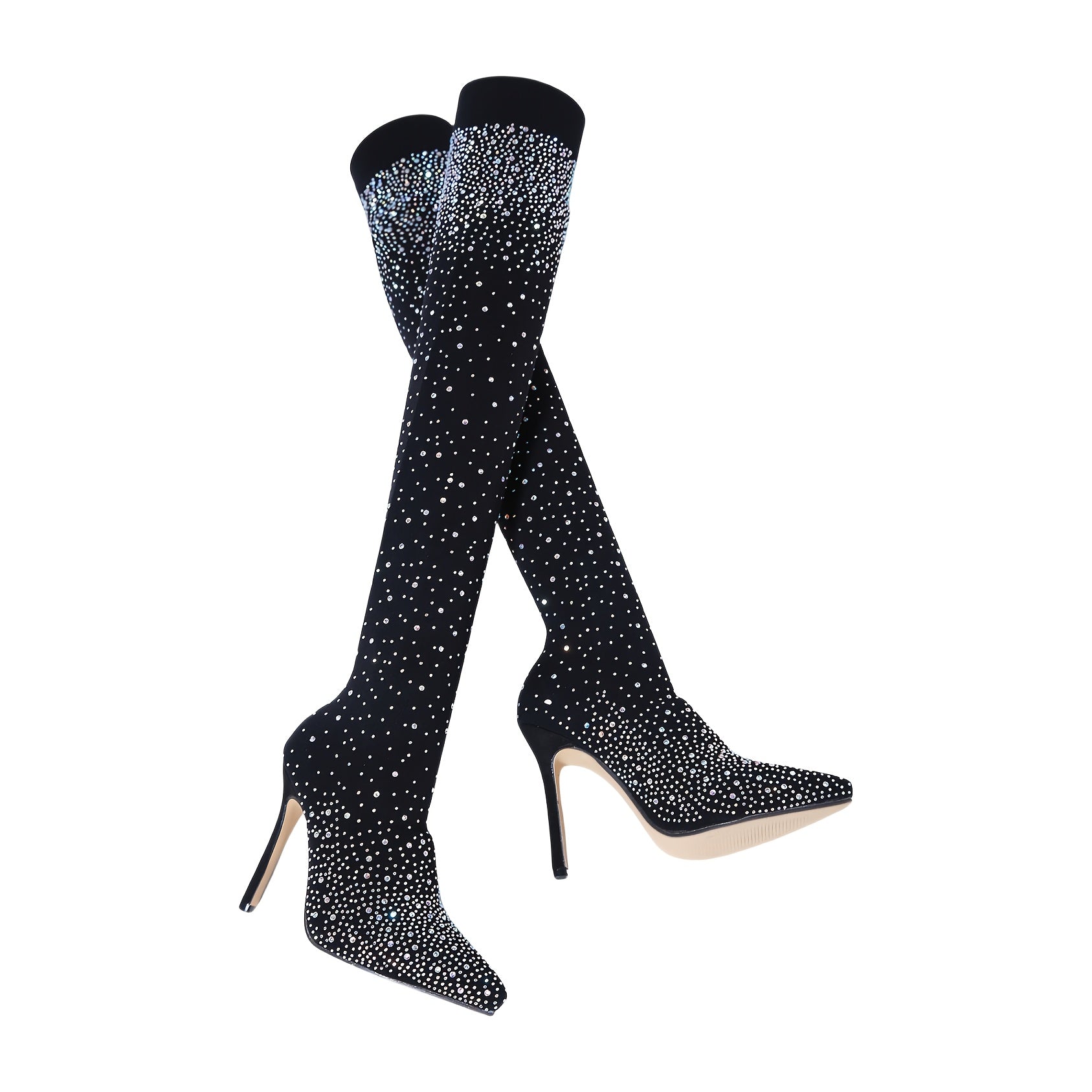 Women's Mesh Over-the-Knee Boots with Rhinestones Black Stiletto Heels