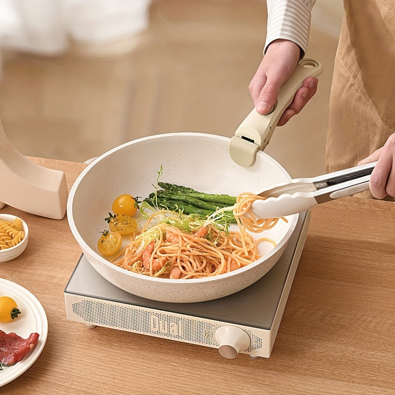 Juego de utensilios de cerámica beige de 5 piezas, antiadherente, PFOA PFAS, para autocaravana, asas removibles