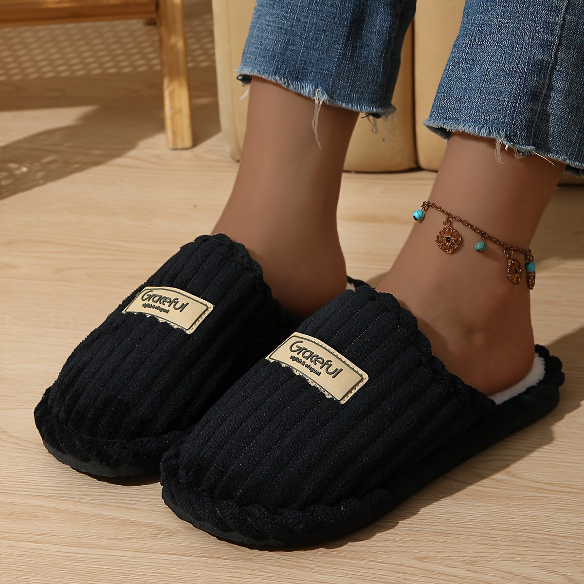 Women's Slip-On Slippers Vertical Stripe Soft Fabric Indoor Outdoor