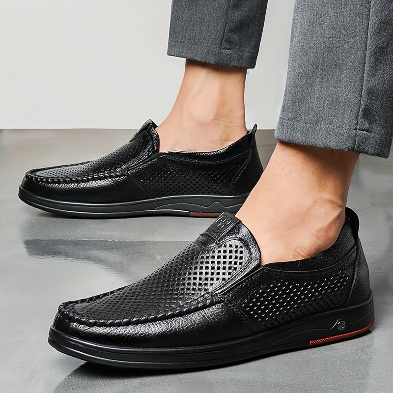 Men's Leather Casual Loafers with Hollow Out Design Slip-On Breathable Wear-Resistant for Outdoor and Office