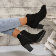 Women's Fabric Ankle Boots Side Zipper Round Toe Block Heel Solid Color