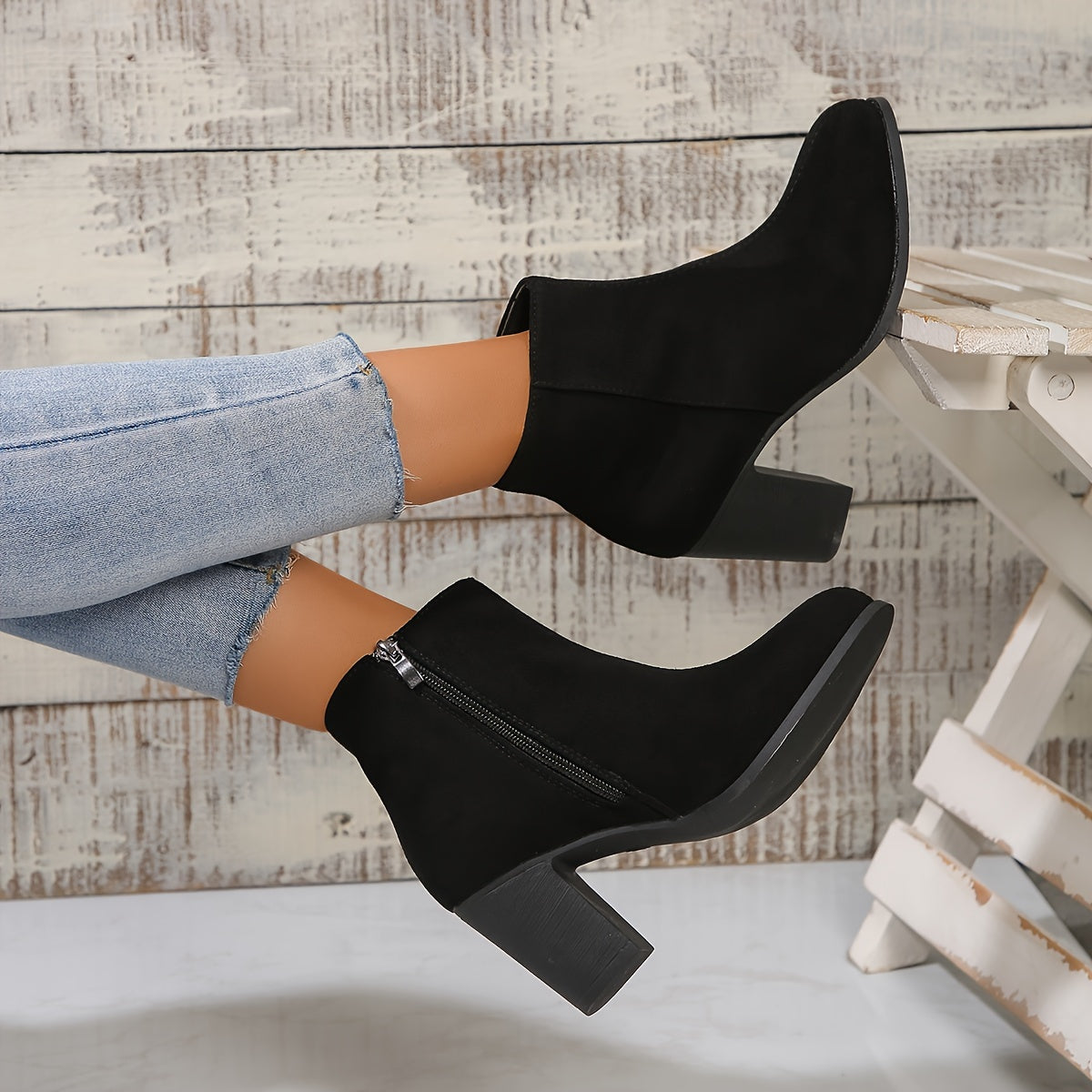 Women's Fabric Ankle Boots Side Zipper Round Toe Block Heel Solid Color