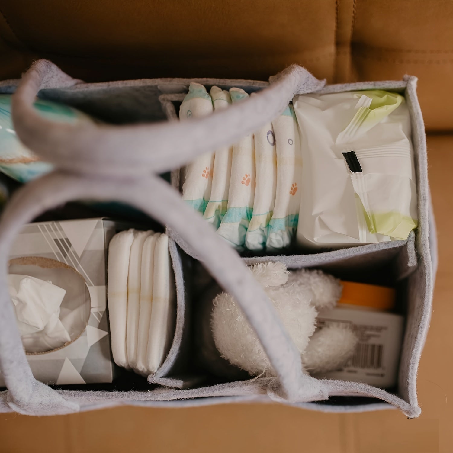 Light Gray Felt Diaper Wipes and Changing Items Storage Bag with Handles