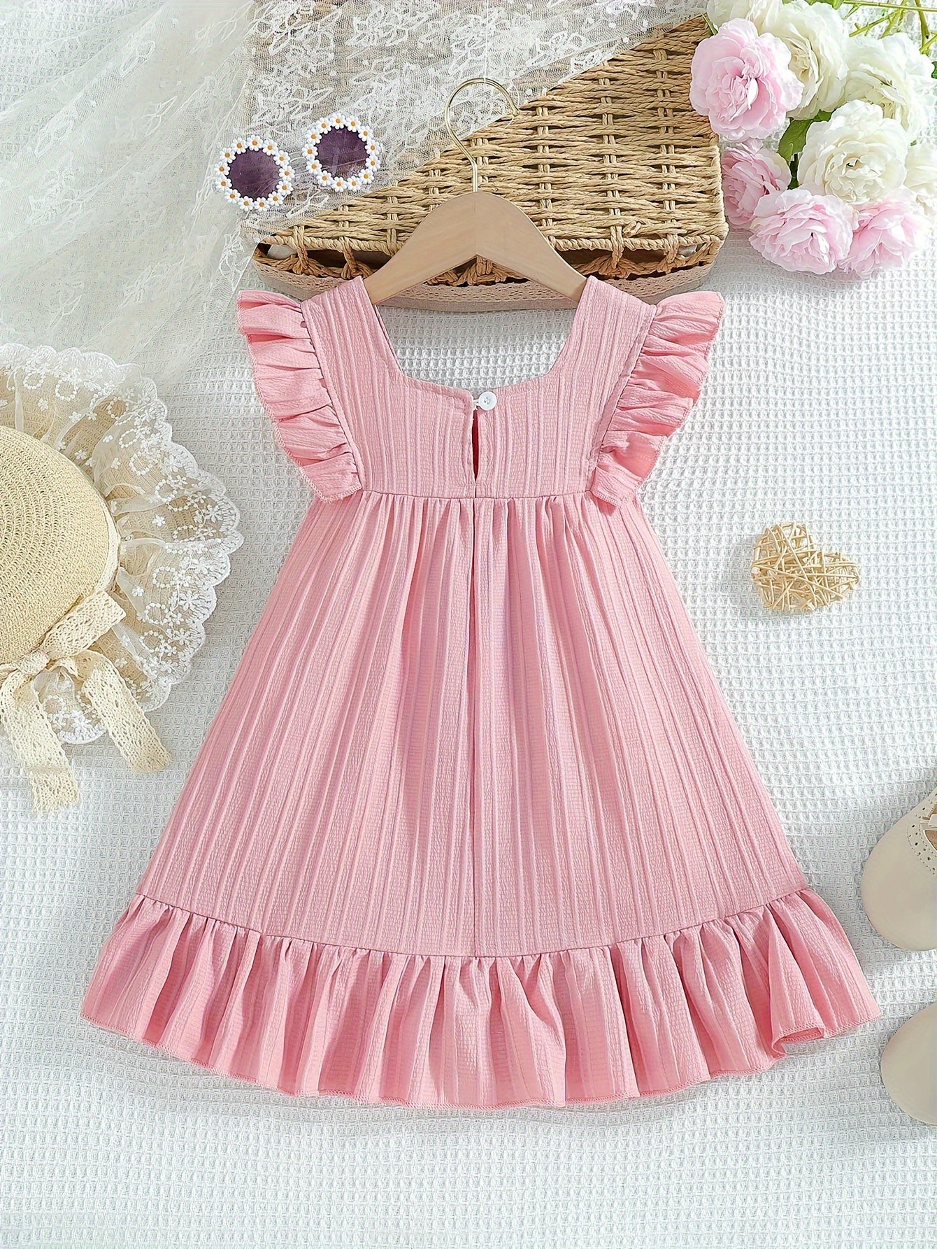 Girls' Light Blue Summer Dress with 3D Floral Embellishments Ruffle Sleeves Knee Length