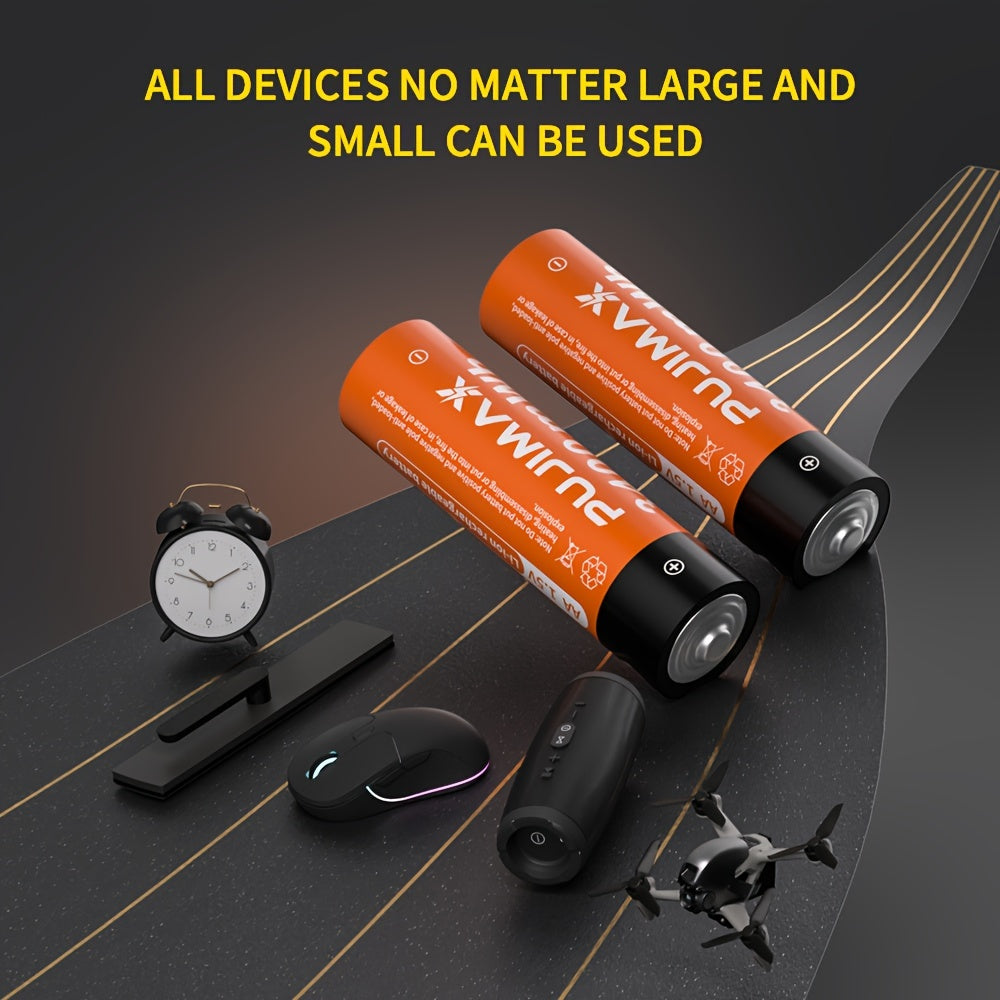 PUJIMAX 1.5V AA qayta tiklanadigan litiy batareyalar barqaror, 1500 marta qayta ishlatilishi mumkin, iqtisodiy jihatdan samarali va sichqoncha, masofadan boshqarish, eshik signalizatori, o'yinchoq va signalizator kabi turli qurilmalarga mos keladi.