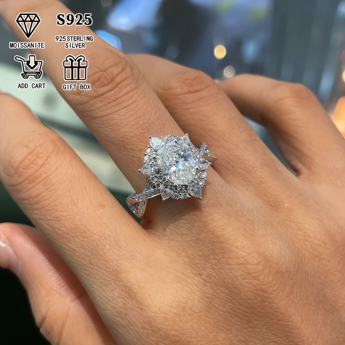 Zarif Boho uslubidagi 2ct oval Moissanite to'y uzugi S925 sterling kumush qoplamada, ayollar uchun to'y yilligi uchun gippoallergen kesma dizayni bilan. Elegant sovg'a qutisi bilan birga keladi, og'irligi 4.5g. Sevishlilar kuni uchun mukammal, bu nozik.