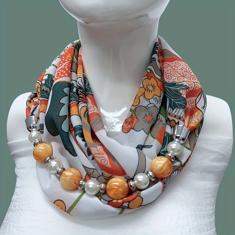 Beaded Necklace Scarf Women’s Chiffon Imitation Ceramic Beads Infinity Accessory