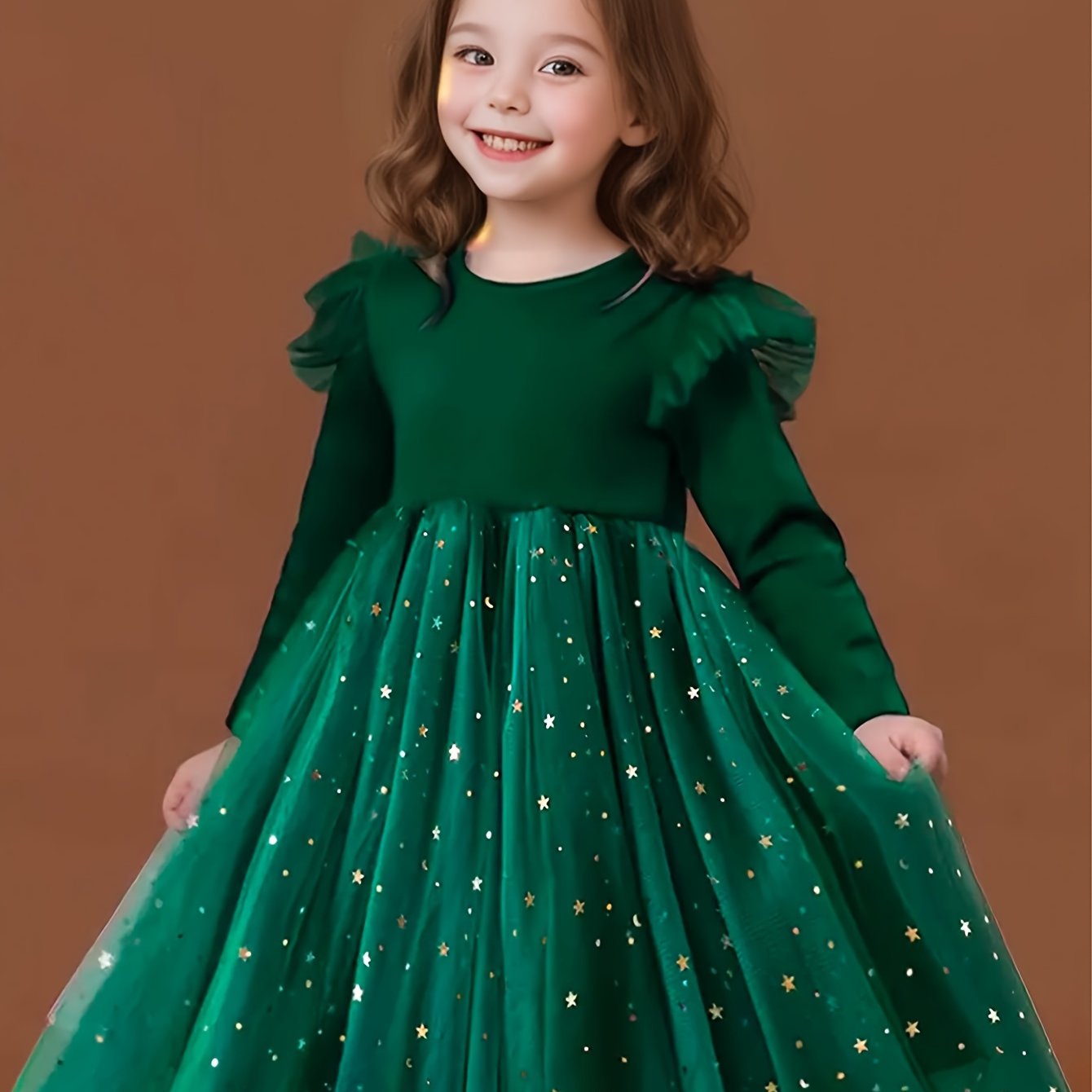 Girls Velvet Dress with Star and Moon Sequins Ruffled Edge and Pleated Mesh Overlay in Red