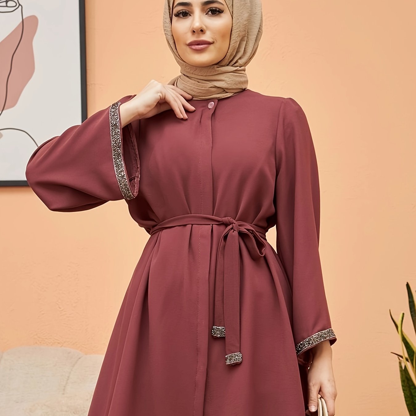 Women's Polyester Kaftan Dress with Contrast Trim and Belt