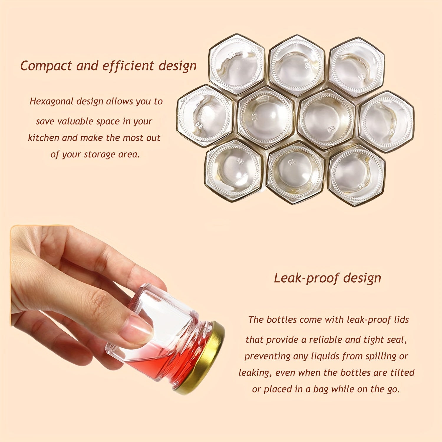 1.5 oz li 20 ta to'plamli olti burchakli mini shisha asal idishlari, yog'och cho'mich, oltin qopqoq, asalari pendanti va jute. Bolalar to'ylariga, to'y sovg'alari va partiya sovg'alari uchun ideal.