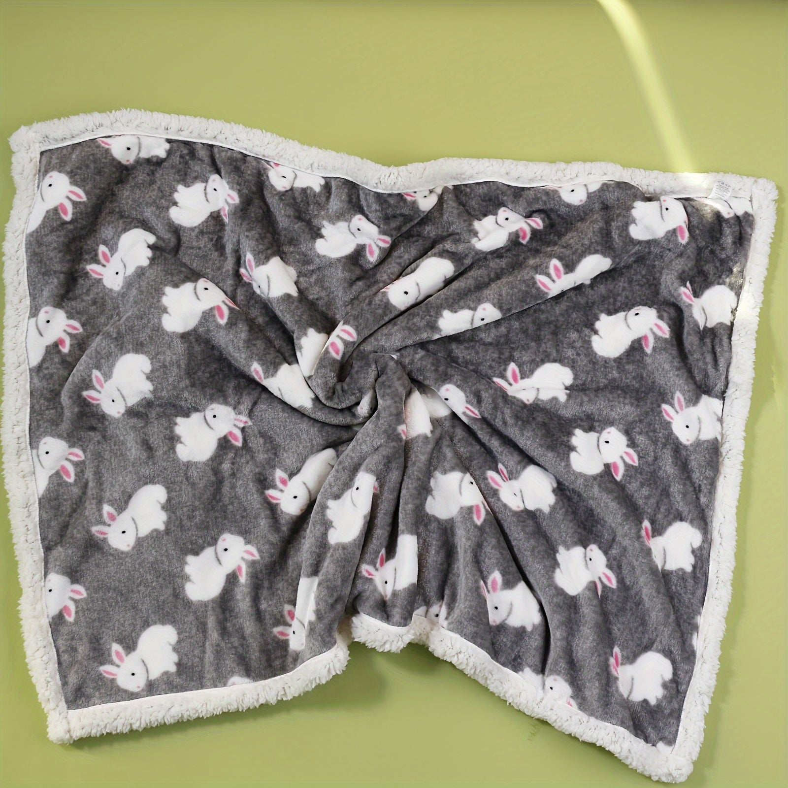 Kids Flannel Blanket with Rabbit Pattern for Spring and Autumn Gray Green Thick Cozy Machine Washable