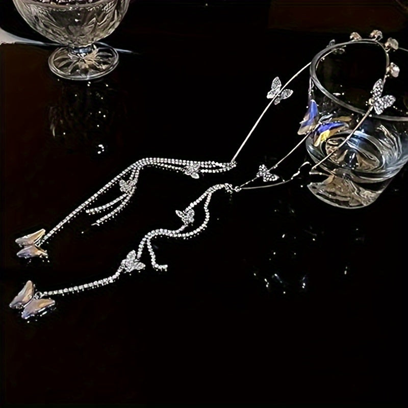 Women Tassel Butterfly Hairband with Rhinestone Bow and Faux Earrings