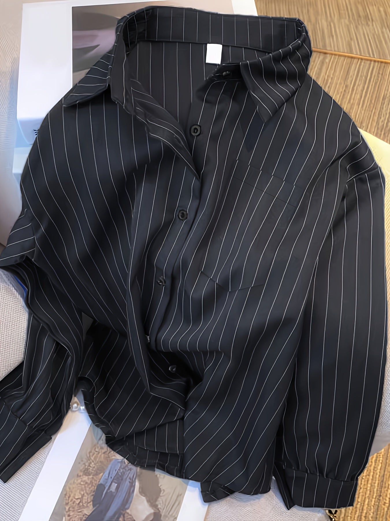 Women's Long Sleeve Striped Shirt Made from 100% Polyester with Lapel Collar and Button-Up Design