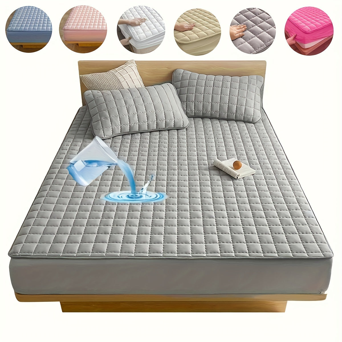 Light Gray Quilted Waterproof Fitted Sheet Breathable Polyester Deep Pockets Easy Care