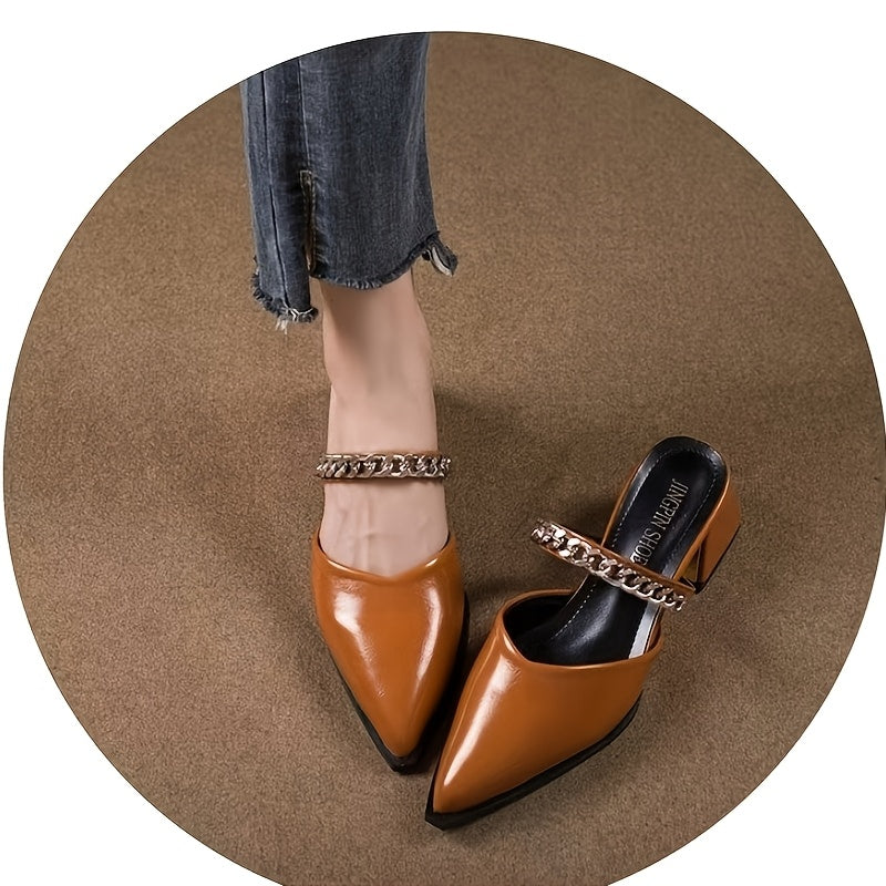 Women's Pointed Toe Chunky Heel Shoes Synthetic Braided Ankle Strap Black Brown