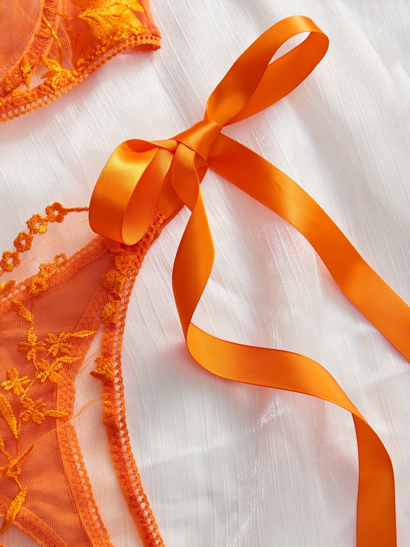 Women's Orange Floral Mesh Lingerie Set with Semi-Sheer Bra and Thong