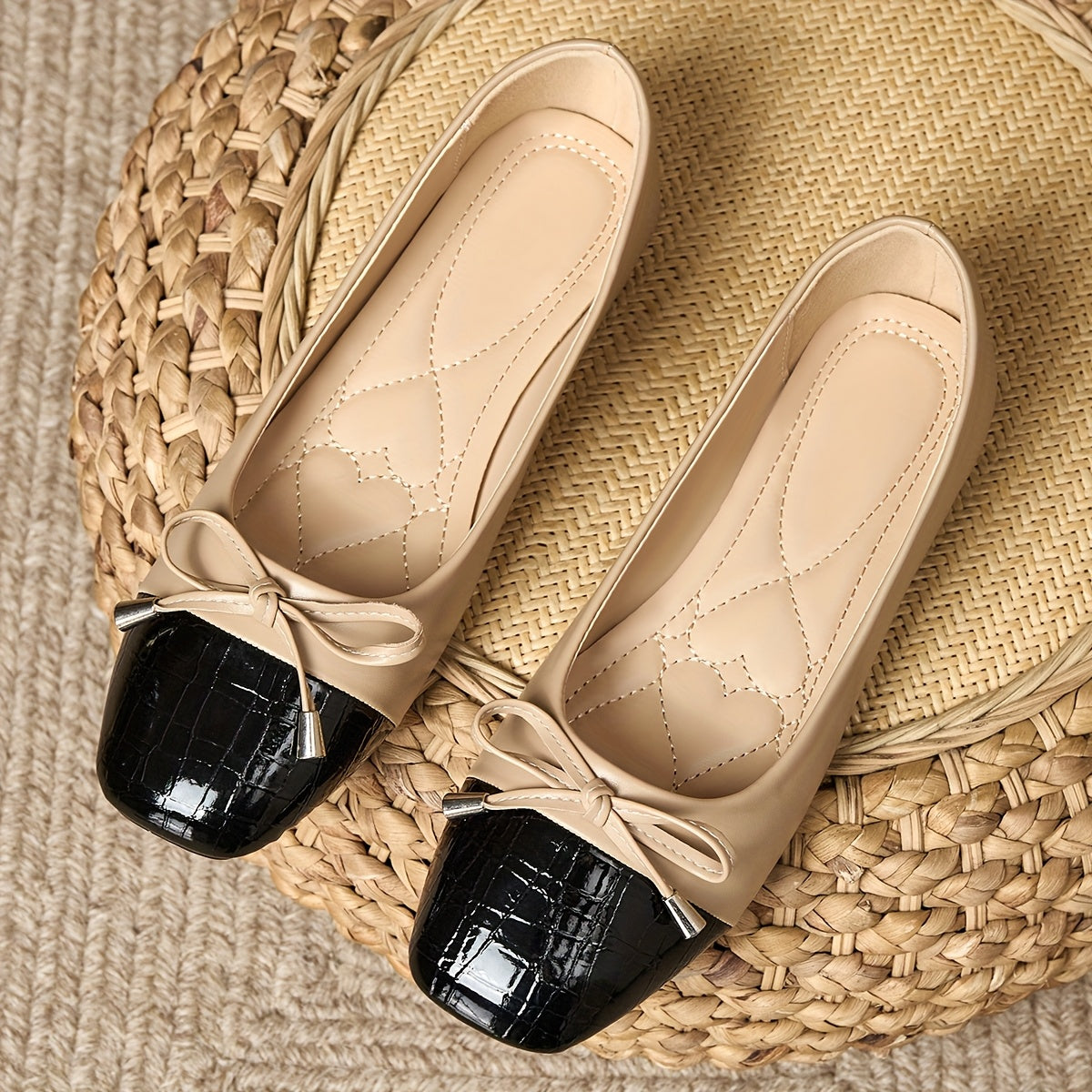 Women Flat Ballet Shoes Black Apricot Contrast Color Comfortable Durable