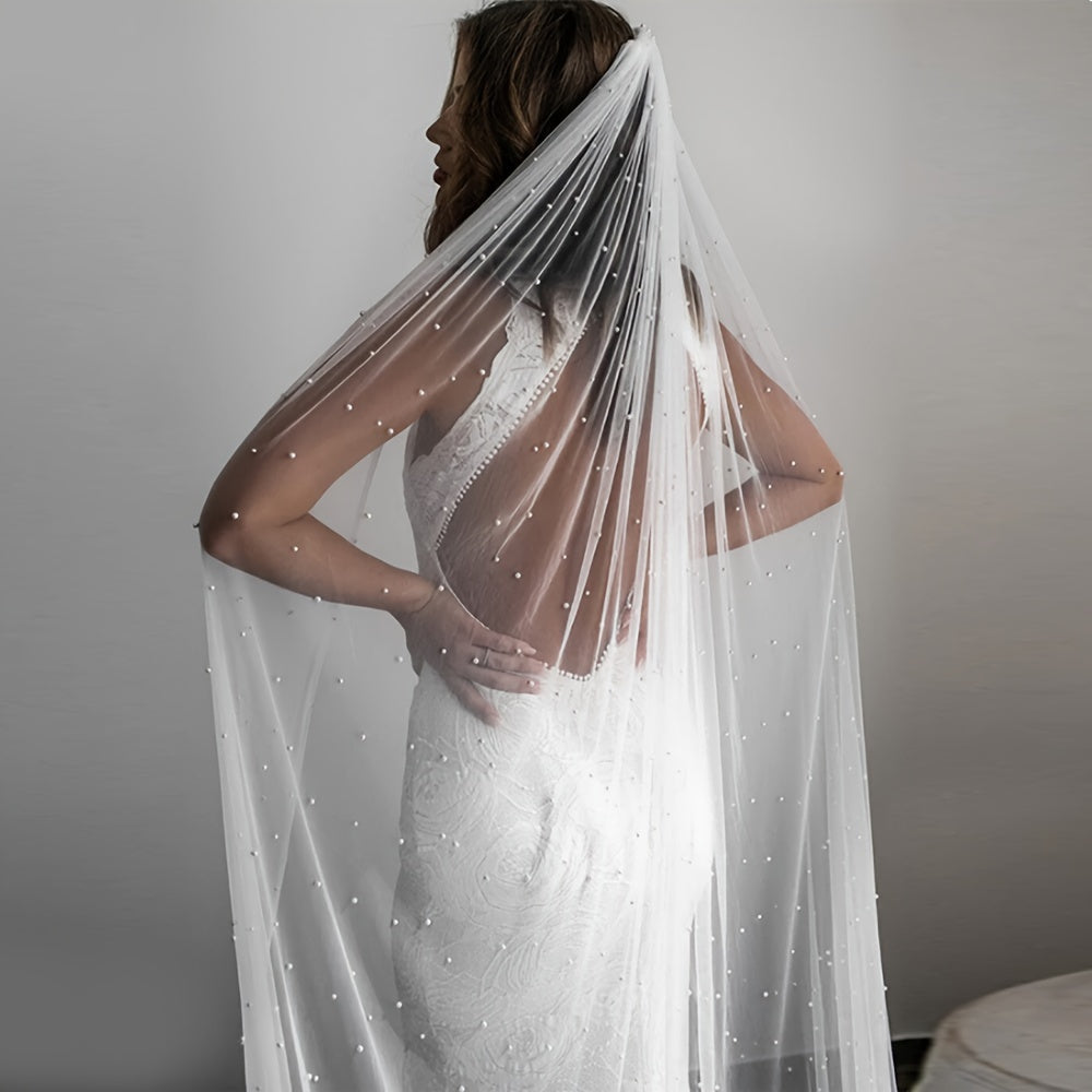 Wedding Veil with Comb Church Floor Long Triple Wide Rice Pearl Bridal Accessory