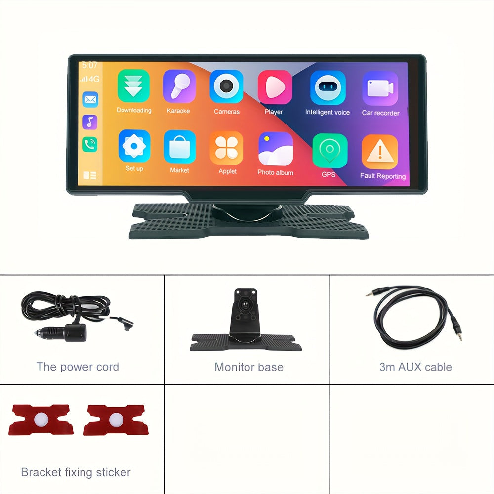 Monitor de coche portátil de 10.26 pulgadas con DVR y cámara trasera, compatible con Android Auto