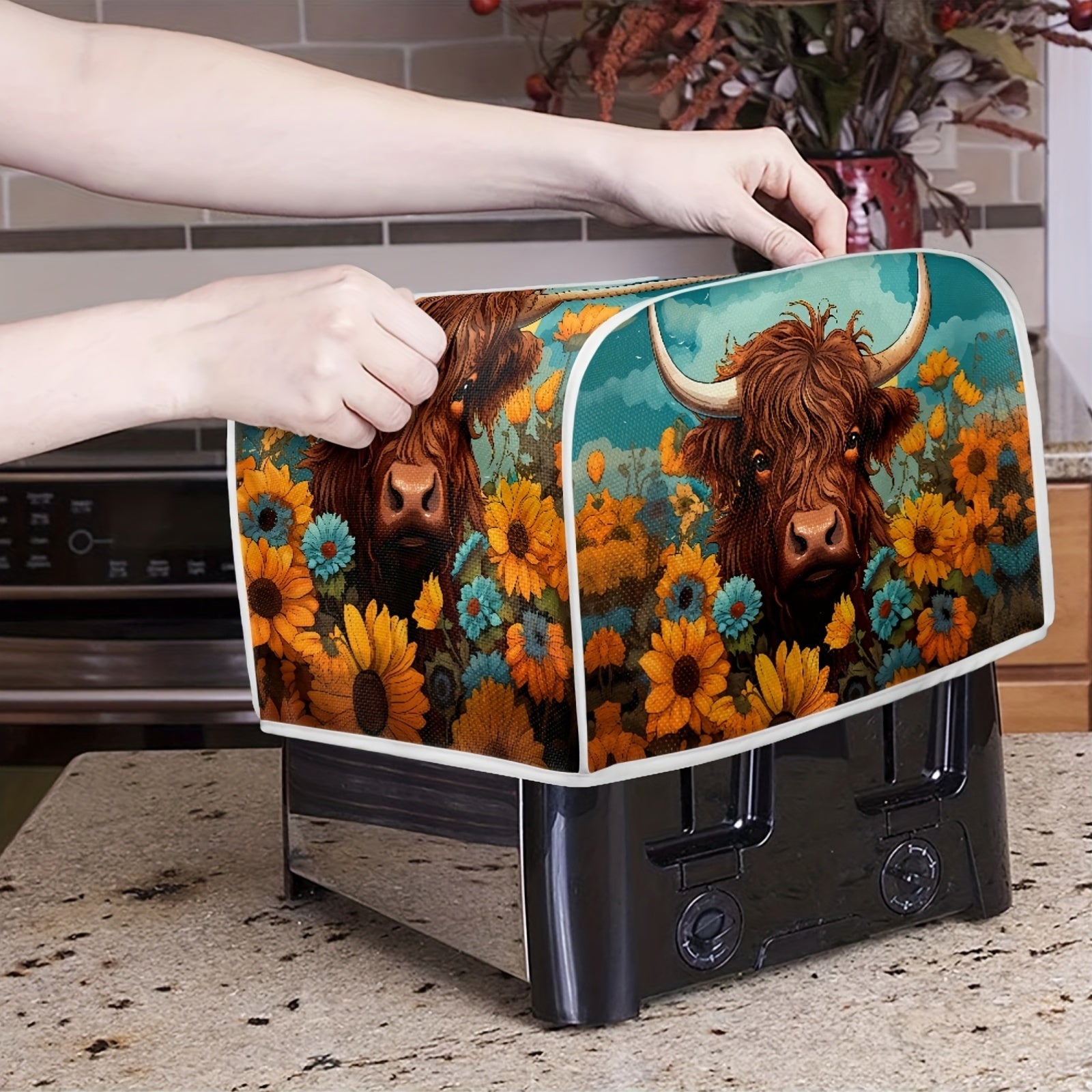 Kitchen Appliance Cover Small Toast Oven Dustproof Fingerprint Resistant Sunflower Highland Cow Print