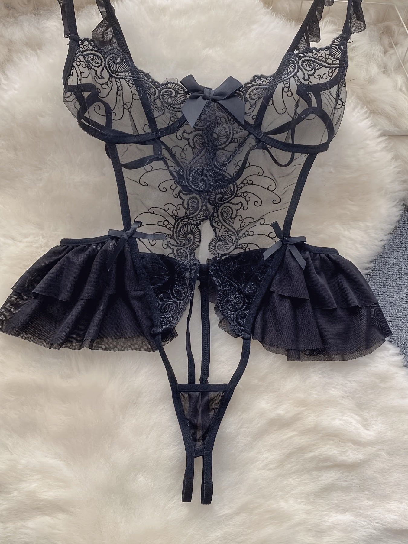 Кружевной вышитый боди с открытой передней для женщин, сексуальное пижамное белье