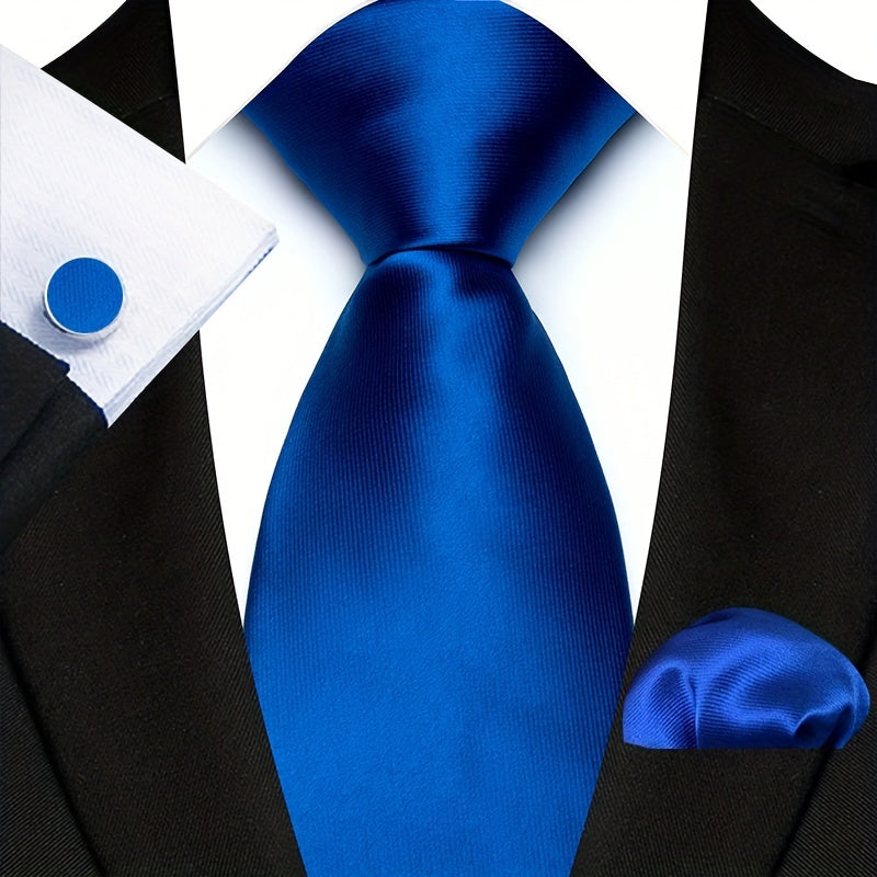 Men's Set of 3 Plain Color Ties with Square Handkerchief and Cufflinks for Gifting