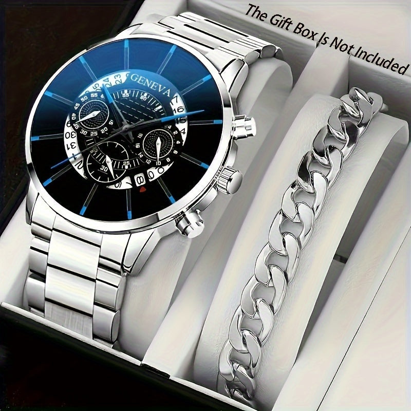 Set of 2 Men's Quartz Watches with Stainless Steel Straps Stylish Long-Lasting Gift