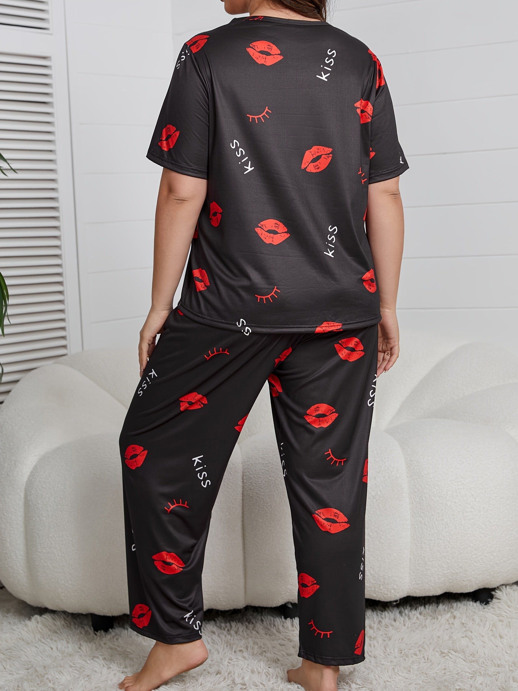 Plus Size Women's Lounge Set Short Sleeve Top and Pants Home Wear