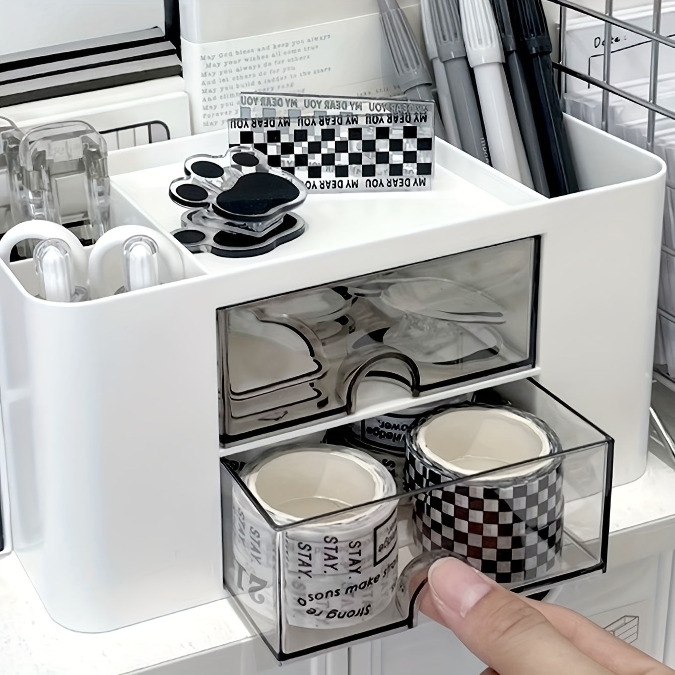 Desktop Storage Organizer with Drawer Pen Holder Large Capacity for Stationery
