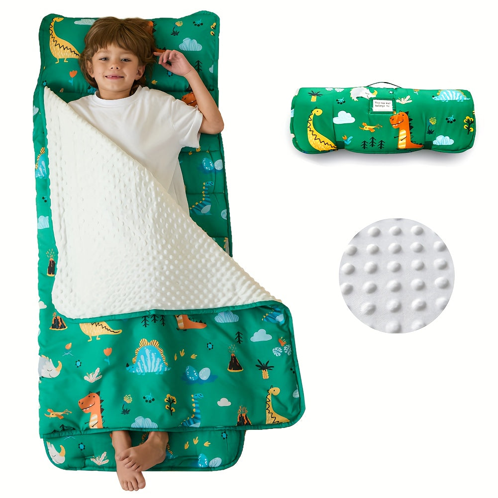 Alfombrilla de dinosaurio con almohada y manta para niños de 3 a 6 años, poliéster, plegable, portátil