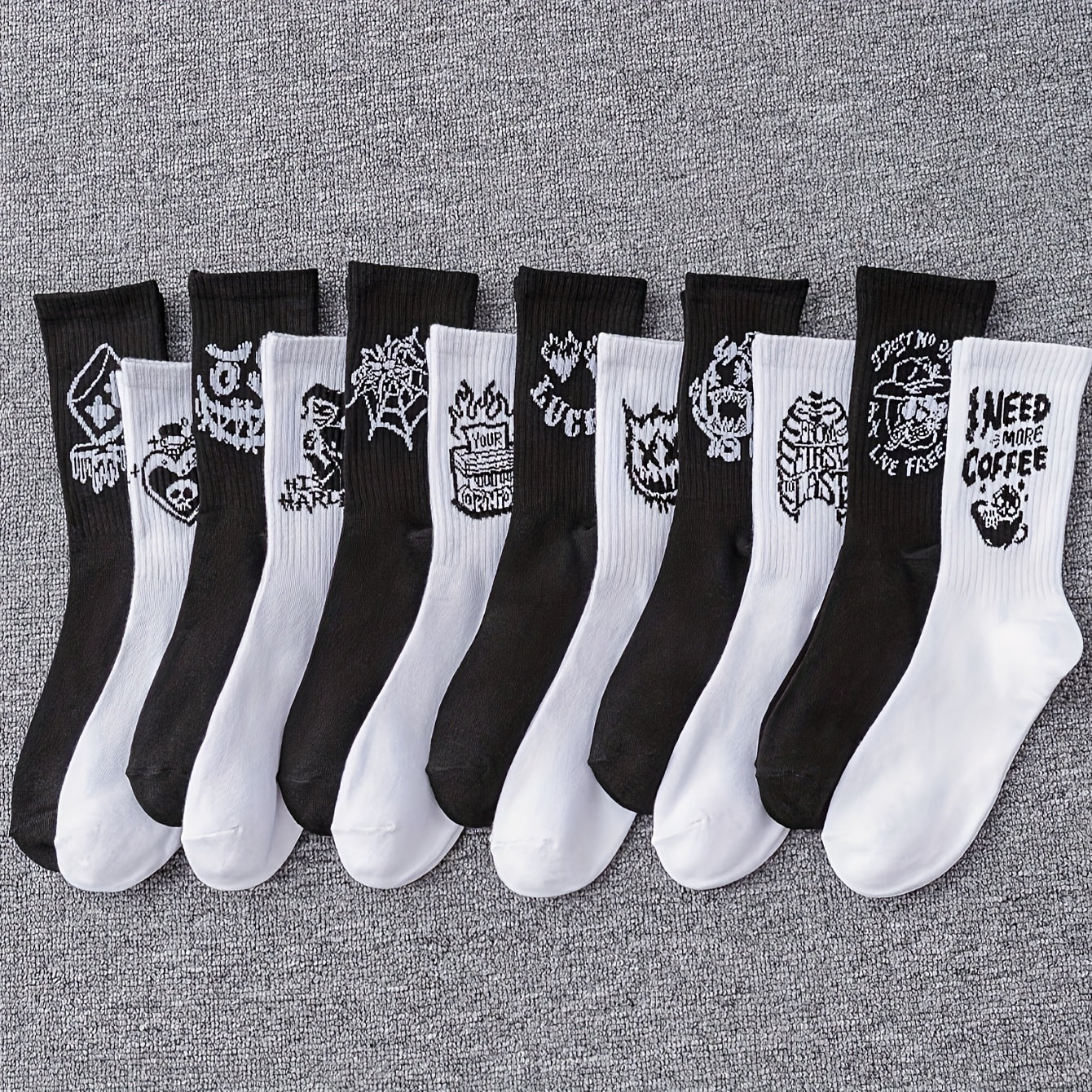 Men's Mid-Calf Socks 6-10 Pairs Black White Graffiti Pattern All Seasons