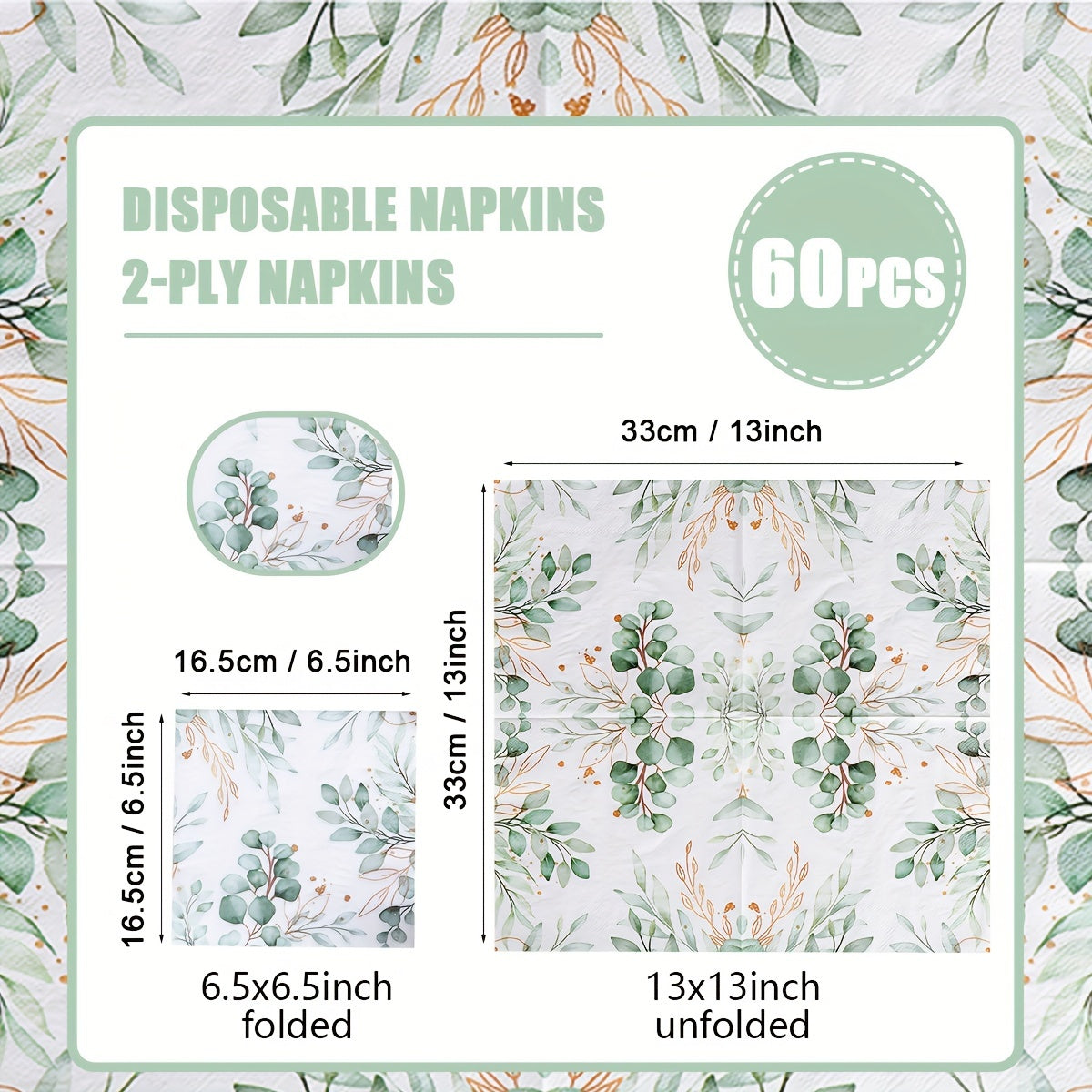 60 Элегантных салфеток из эвкалипта и золотого листа - Мягкие и впитывающие 2-слойные бумажные полотенца для гостей на вечеринки, свадьбы, дни рождения, детские праздники - Стильный зеленый и золотой дизайн, прочные и устойчивые к разрывам, 33,02x33,02 см
