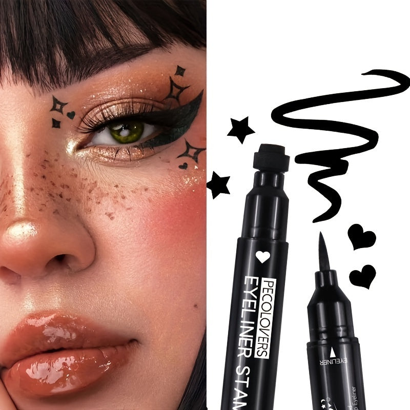 Women Liquid Eyeliner Pen Waterproof Double Head Moon Star Heart Flower Black Stamp